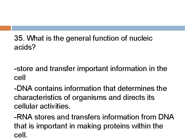 35. What is the general function of nucleic acids? -store and transfer important information