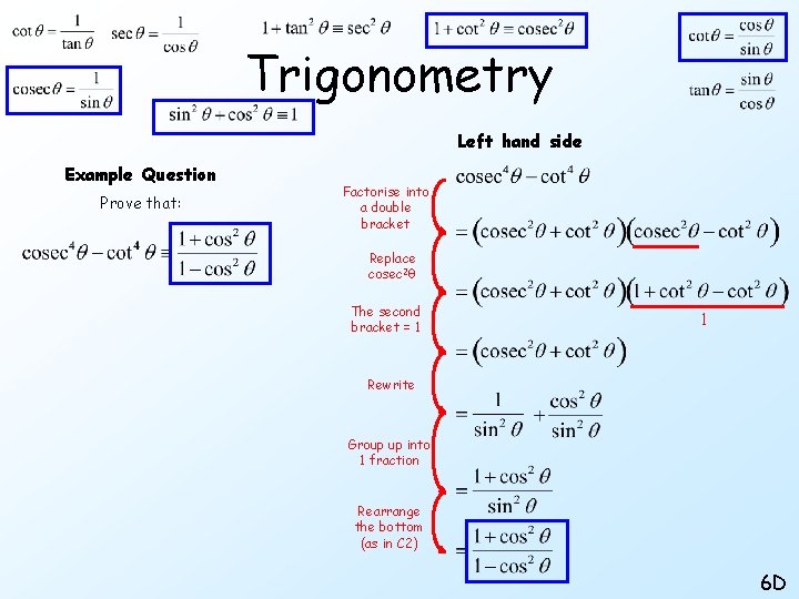 Trigonometry Left hand side Example Question Prove that: Factorise into a double bracket Replace