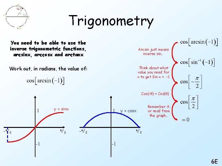 Trigonometry You need to be able to use the inverse trigonometric functions, arcsinx, arccosx