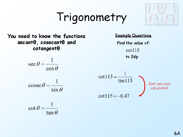 Trigonometry You need to know the functions secantθ, cosecantθ and cotangentθ Example Questions Find