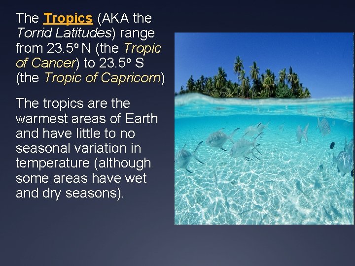 The Tropics (AKA the Torrid Latitudes) range from 23. 5 o N (the Tropic