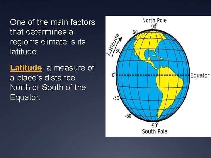 One of the main factors that determines a region’s climate is its latitude. Latitude: