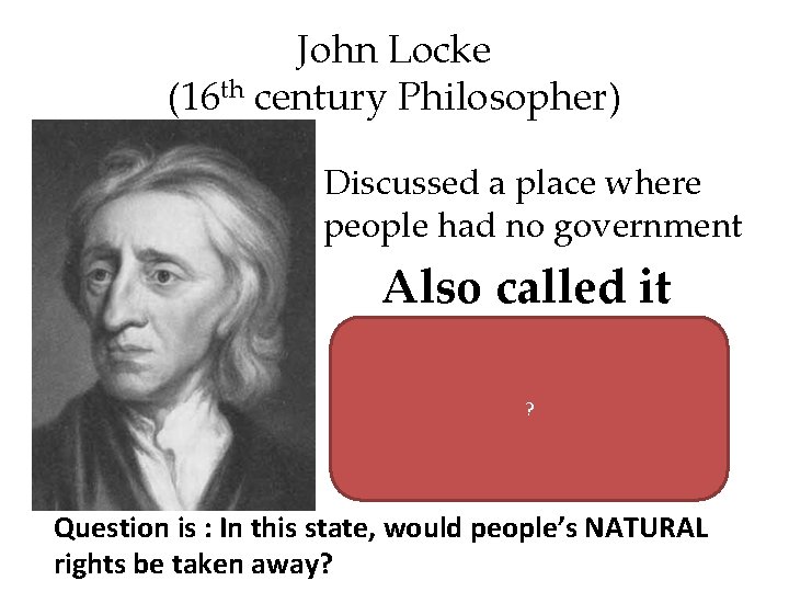 John Locke (16 th century Philosopher) Discussed a place where people had no government