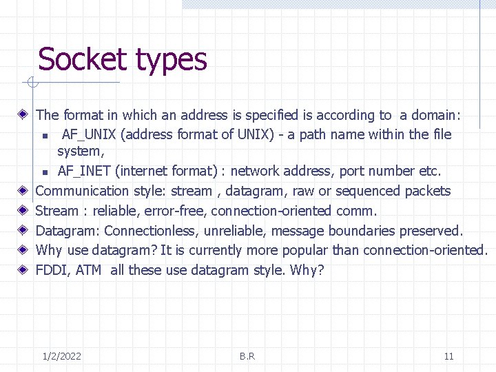 Socket types The format in which an address is specified is according to a