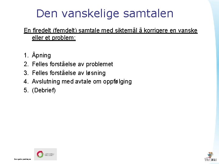 Den vanskelige samtalen En firedelt (femdelt) samtale med siktemål å korrigere en vanske eller