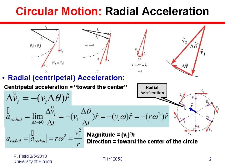 Circular Motion: Radial Acceleration • Radial (centripetal) Acceleration: Centripetal acceleration = “toward the center” Circular Motion: Radial Acceleration • Radial (centripetal) Acceleration: Centripetal acceleration = “toward the center”