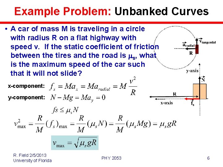Example Problem: Unbanked Curves • A car of mass M is traveling in a Example Problem: Unbanked Curves • A car of mass M is traveling in a