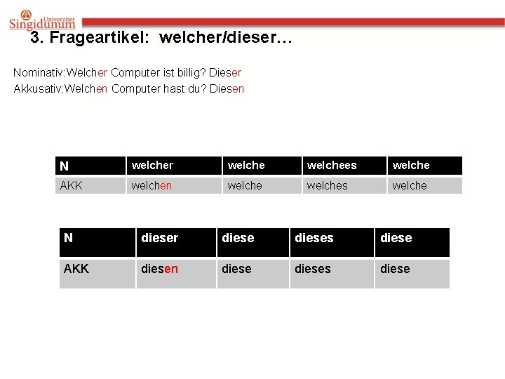 3. Frageartikel: welcher/dieser… Nominativ: Welcher Computer ist billig? Dieser Akkusativ: Welchen Computer hast du?