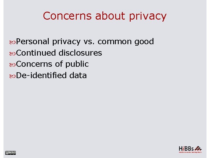 Concerns about privacy Personal privacy vs. common good Continued disclosures Concerns of public De-identified