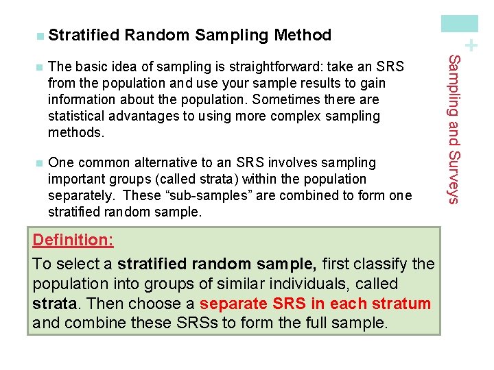 Random Sampling Method The basic idea of sampling is straightforward: take an SRS from