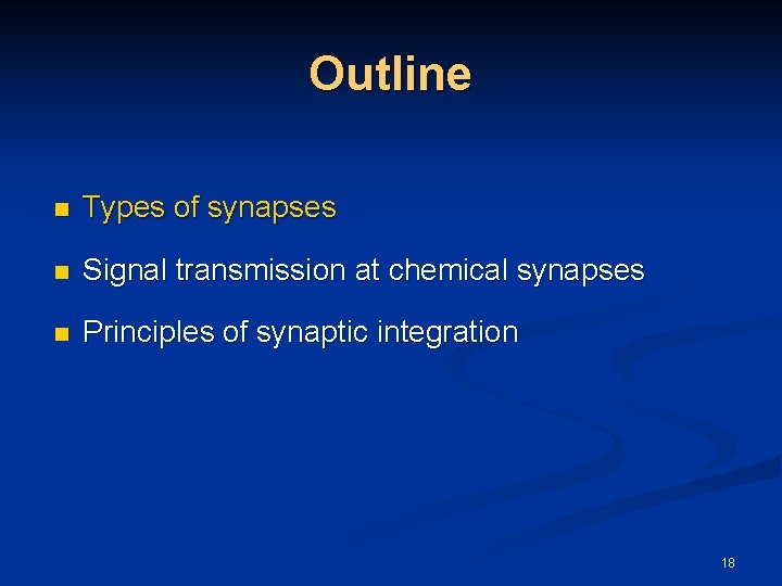 Outline n Types of synapses n Signal transmission at chemical synapses n Principles of