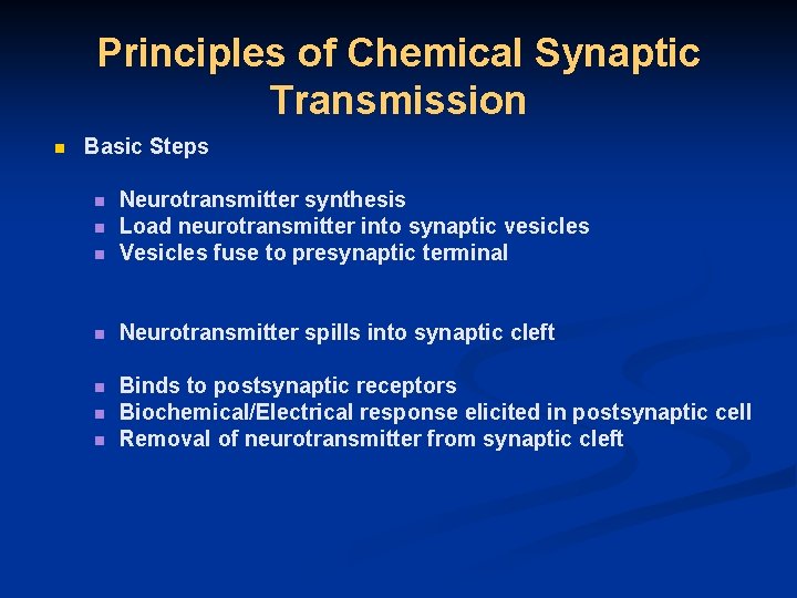 Principles of Chemical Synaptic Transmission n Basic Steps n Neurotransmitter synthesis Load neurotransmitter into