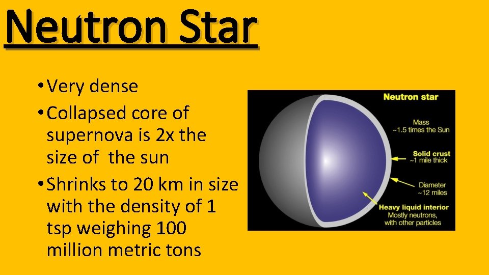 Neutron Star • Very dense • Collapsed core of supernova is 2 x the