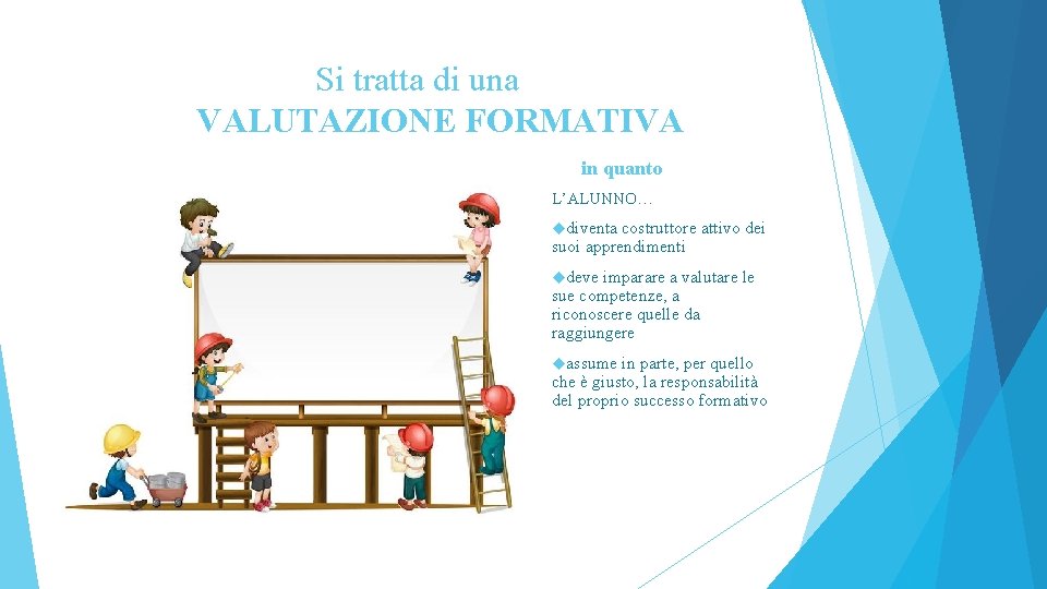Si tratta di una VALUTAZIONE FORMATIVA in quanto L’ALUNNO… diventa costruttore attivo dei suoi