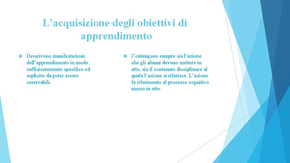 L’acquisizione degli obiettivi di apprendimento Descrivono manifestazioni dell’apprendimento in modo sufficientemente specifico ed esplicito