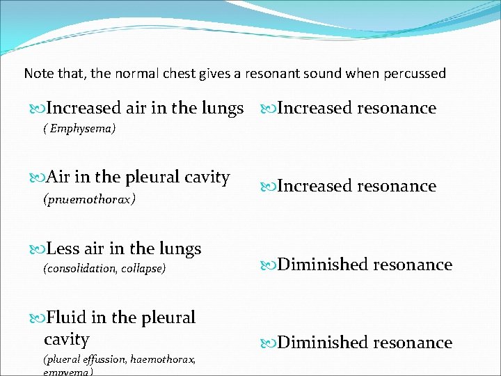 Note that, the normal chest gives a resonant sound when percussed Increased air in