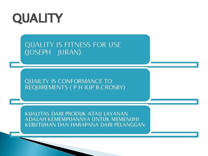 QUALITY IS FITNESS FOR USE (JOSEPH JURAN) QUAILTY IS CONFORMANCE TO REQUIREMENTS ( P