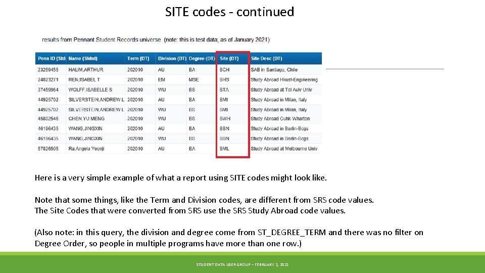 SITE codes - continued Here is a very simple example of what a report