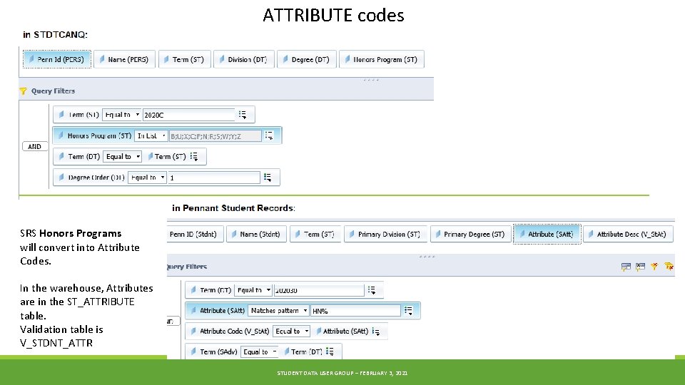 ATTRIBUTE codes SRS Honors Programs will convert into Attribute Codes. In the warehouse, Attributes