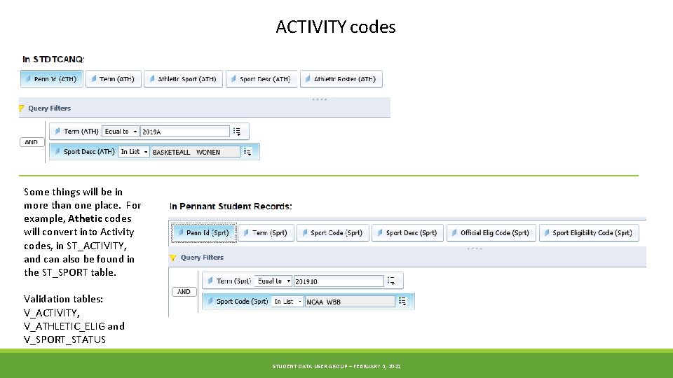 ACTIVITY codes Some things will be in more than one place. For example, Athetic
