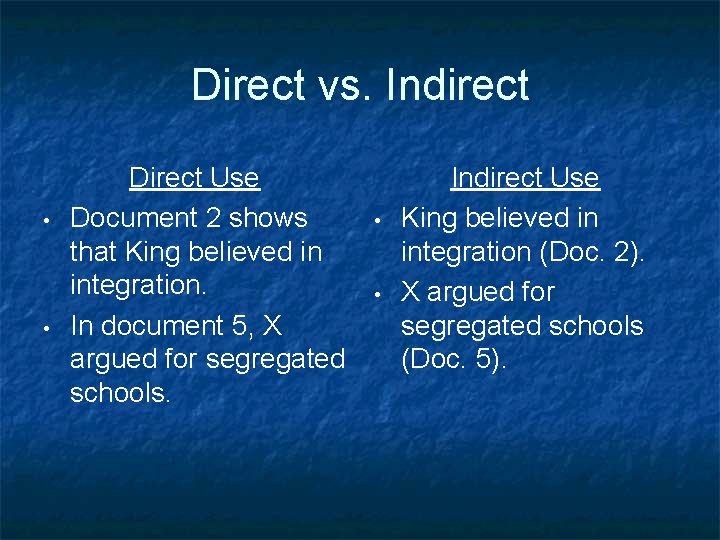 Direct vs. Indirect • • Direct Use Document 2 shows that King believed in