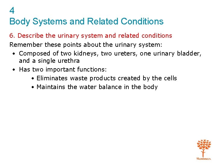 4 Body Systems and Related Conditions 6. Describe the urinary system and related conditions