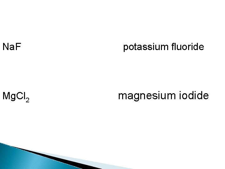Na. F Mg. Cl 2 potassium fluoride magnesium iodide 