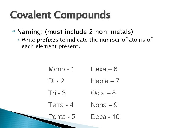 Covalent Compounds Naming: (must include 2 non-metals) ◦ Write prefixes to indicate the number
