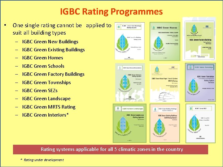 IGBC Rating Programmes • One single rating cannot be applied to suit all building