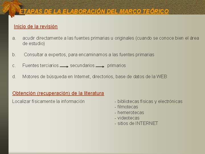 ETAPAS DE LA ELABORACIÓN DEL MARCO TEÓRICO Inicio de la revisión a. acudir directamente