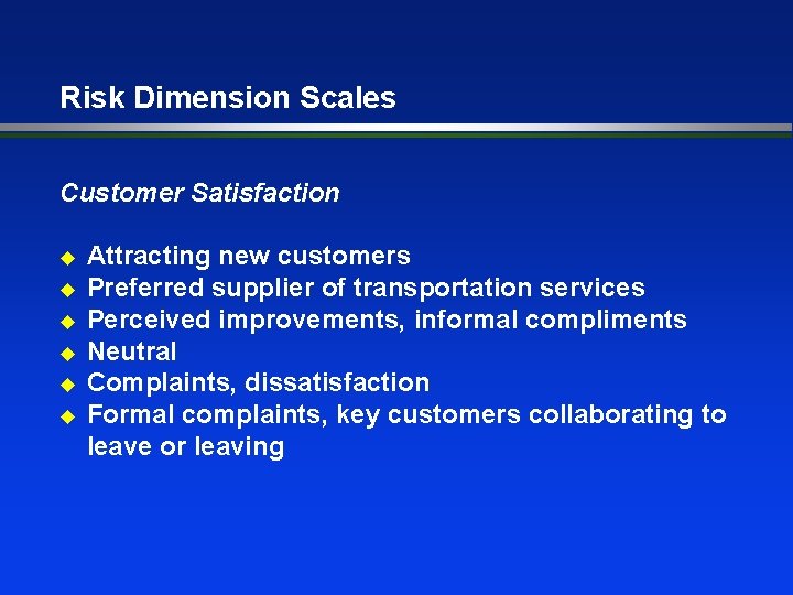 Risk Dimension Scales Customer Satisfaction u u u Attracting new customers Preferred supplier of