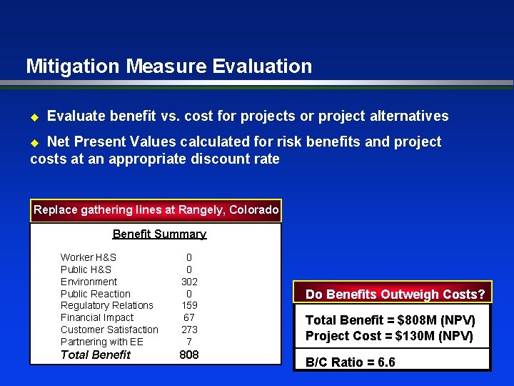 Mitigation Measure Evaluation u Evaluate benefit vs. cost for projects or project alternatives Net