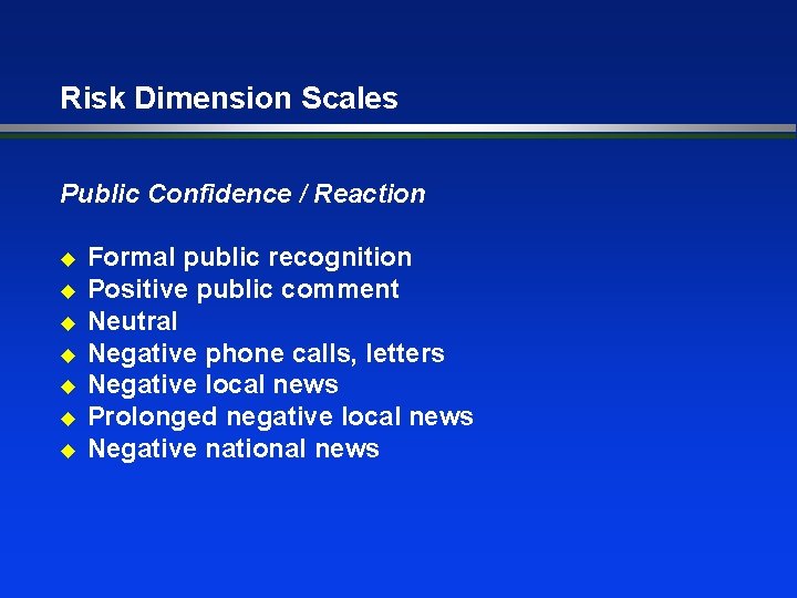 Risk Dimension Scales Public Confidence / Reaction u u u u Formal public recognition
