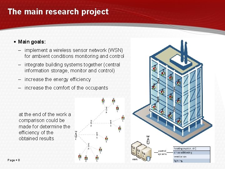 The main research project Main goals: – implement a wireless sensor network (WSN) for