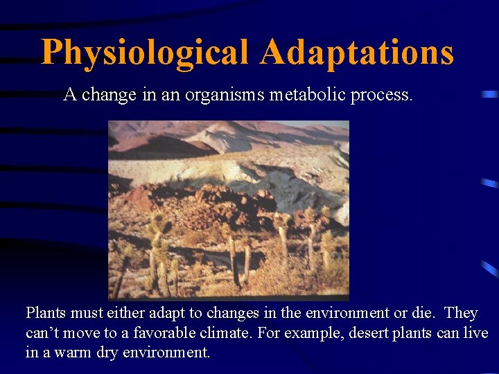 Physiological Adaptations A change in an organisms metabolic process. Plants must either adapt to