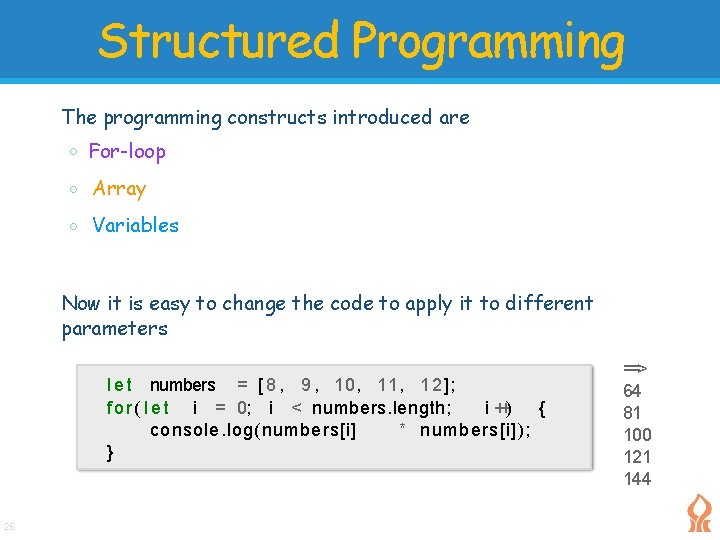 Structured Programming The programming constructs introduced are o For-loop o Array o Variables Now Structured Programming The programming constructs introduced are o For-loop o Array o Variables Now