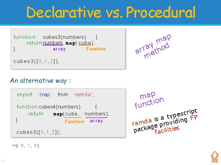 Declarative vs. Procedural function cubes 3(numbers) { return numbers. map( cube); array Function } Declarative vs. Procedural function cubes 3(numbers) { return numbers. map( cube); array Function }