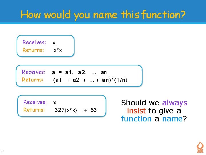 How would you name this function? 44 Receives: Returns: x x*x Receives: Returns: a How would you name this function? 44 Receives: Returns: x x*x Receives: Returns: a