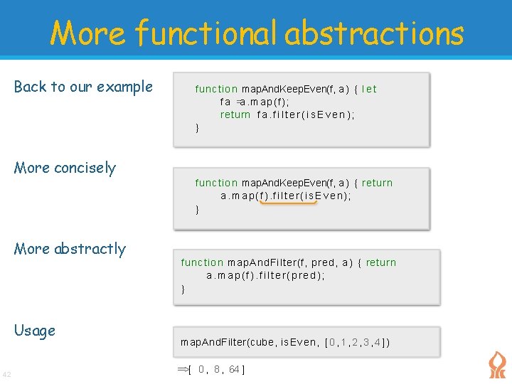 More functional abstractions Back to our example function map. And. Keep. Even(f, a ) More functional abstractions Back to our example function map. And. Keep. Even(f, a )
