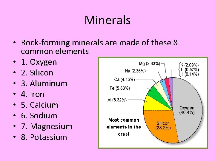 Minerals • Rock-forming minerals are made of these 8 common elements • 1. Oxygen