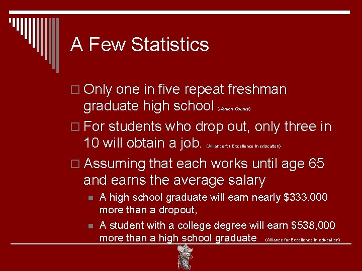 A Few Statistics o Only one in five repeat freshman graduate high school o