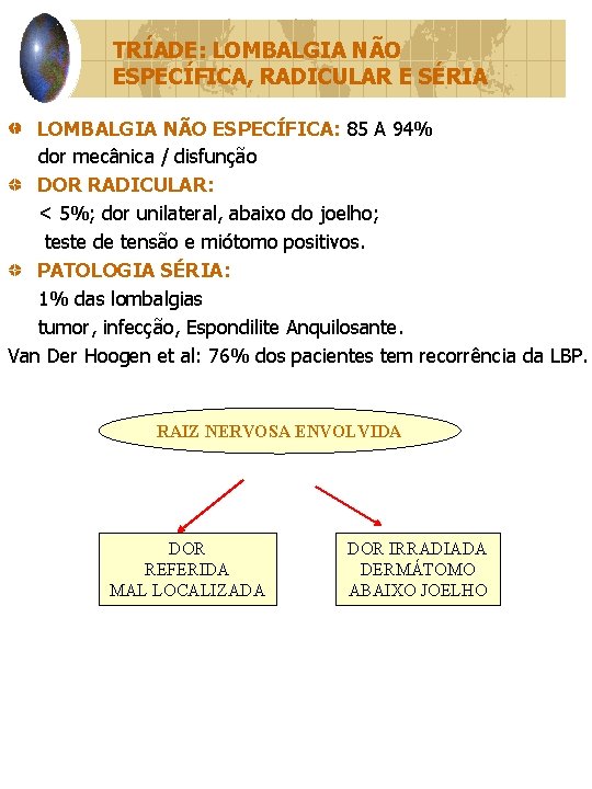 TRÍADE: LOMBALGIA NÃO ESPECÍFICA, RADICULAR E SÉRIA LOMBALGIA NÃO ESPECÍFICA: 85 A 94% dor