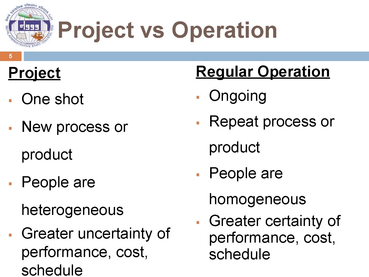 Project vs Operation 5 Project Regular Operation § One shot § Ongoing § New