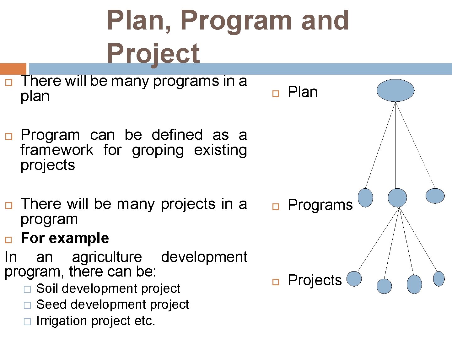 Plan, Program and Project There will be many programs in a plan Programs Projects