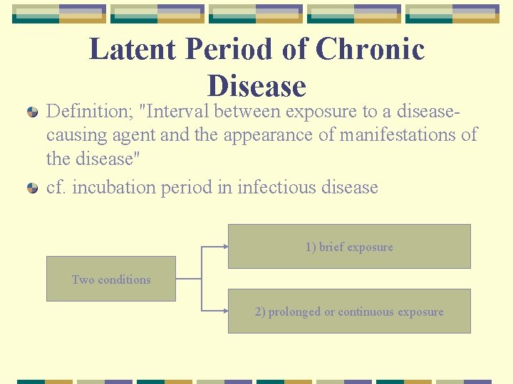 Latent Period of Chronic Disease Definition; "Interval between exposure to a diseasecausing agent and