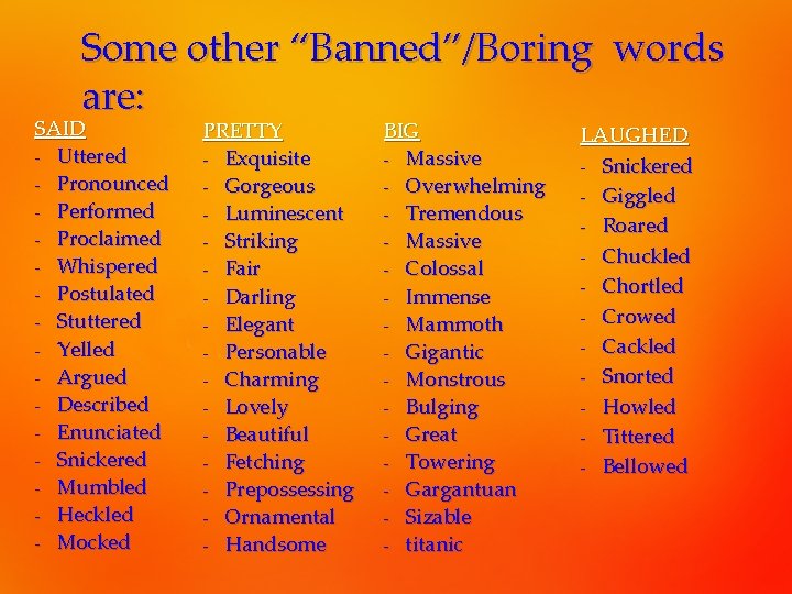 Some other “Banned”/Boring words are: SAID ‐ Uttered ‐ Pronounced ‐ Performed ‐ Proclaimed