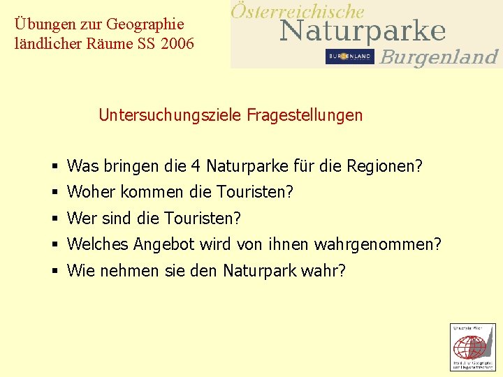 Übungen zur Geographie ländlicher Räume SS 2006 Untersuchungsziele Fragestellungen § Was bringen die 4