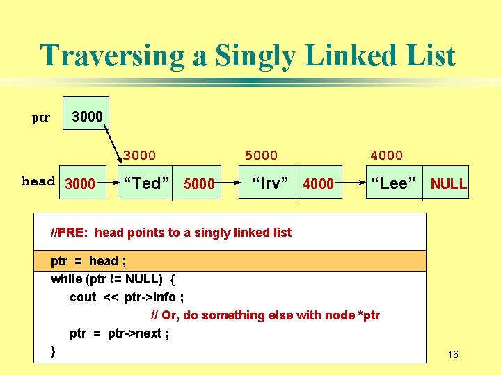 Traversing a Singly Linked List ptr 3000 head 3000 “Ted” 5000 “Irv” 4000 “Lee”