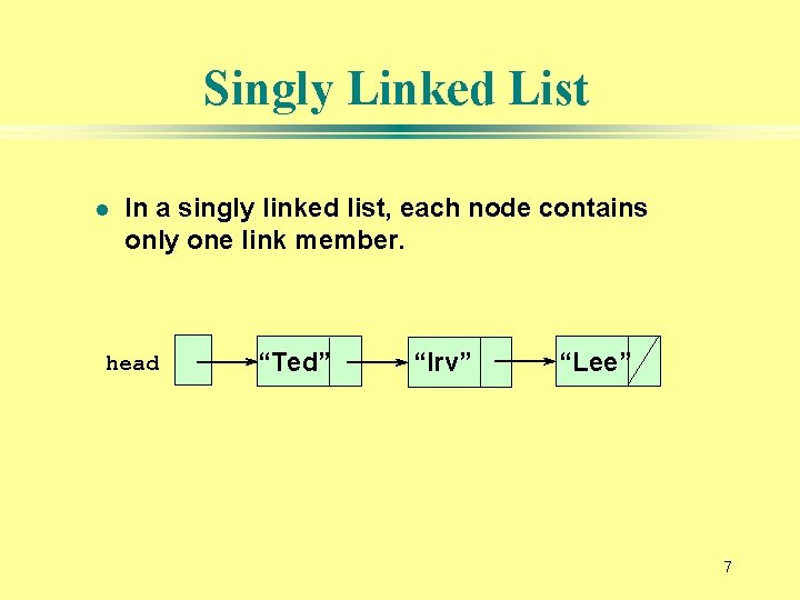 Singly Linked List l In a singly linked list, each node contains only one