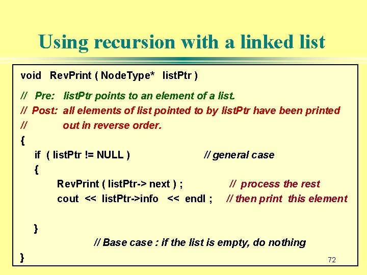 Using recursion with a linked list void Rev. Print ( Node. Type* list. Ptr